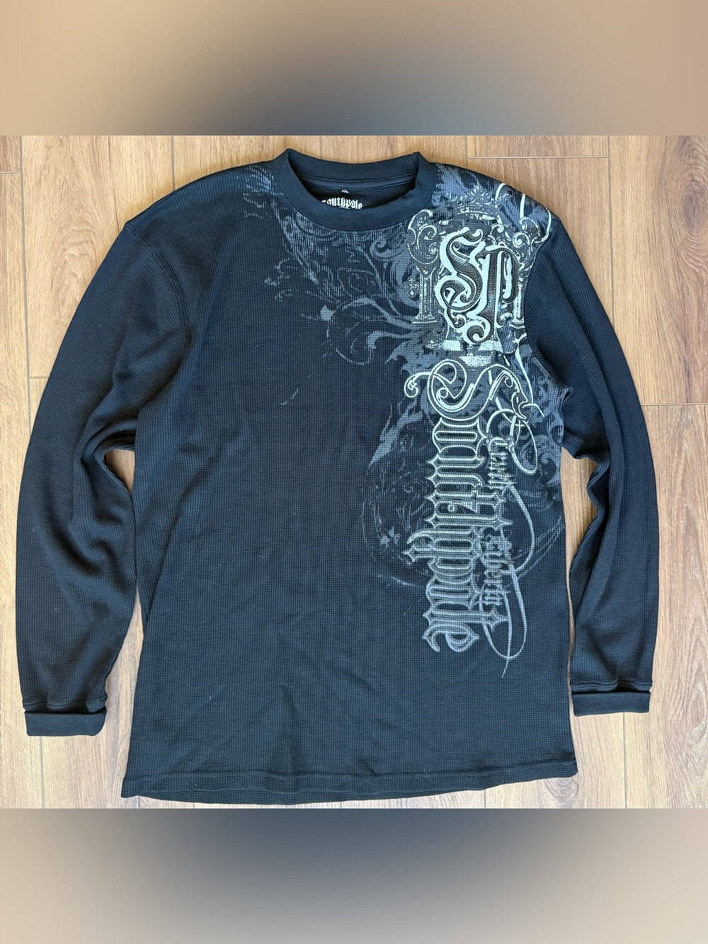 Southpole Premium Men XL Black Thermal Shirt Y2K Graphic Long Sleeve Waffle Knit